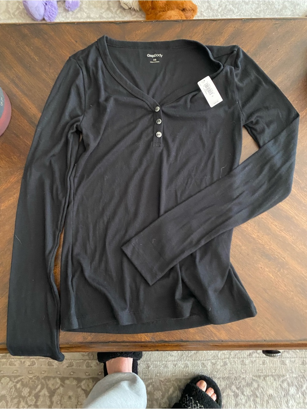 GapBody Women's Black Long-Sleeve Henley Top with Button Placket
